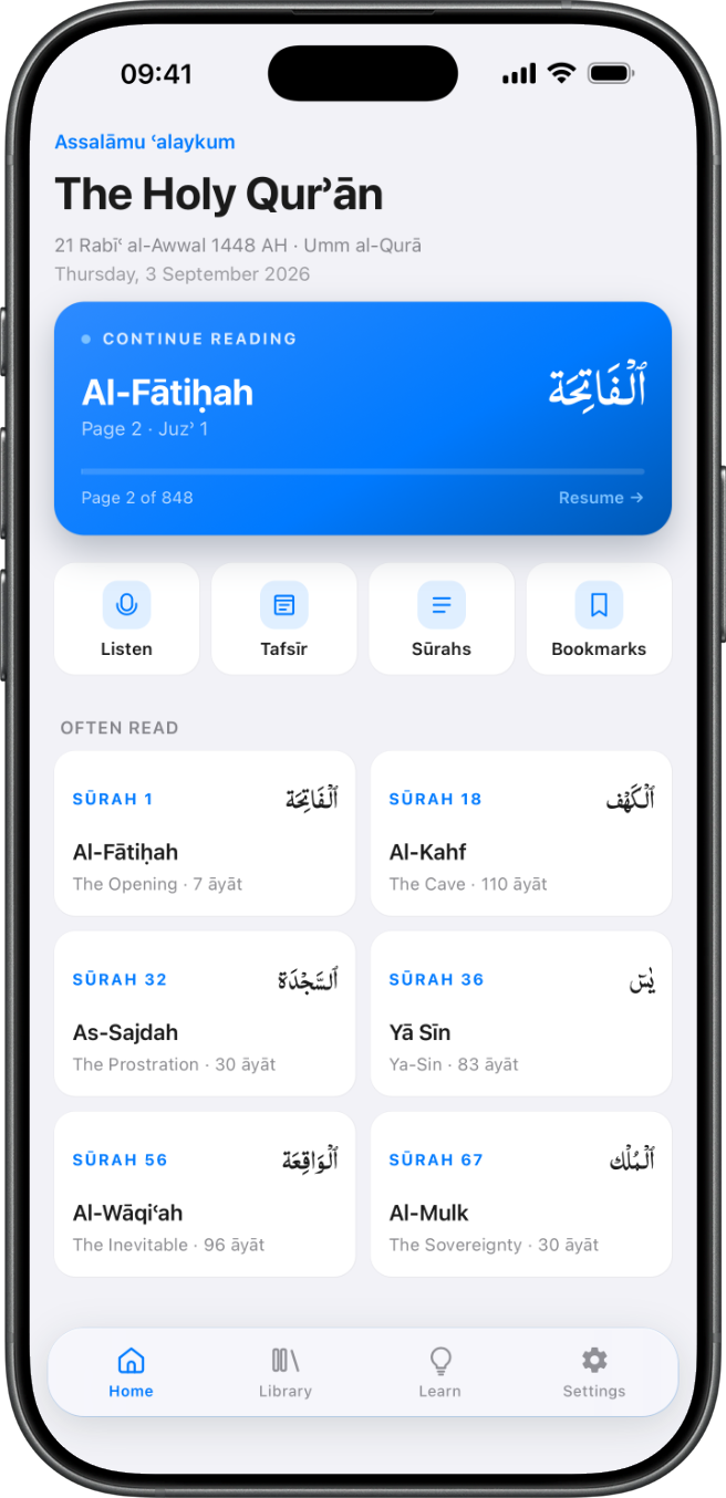 The Holy Quran app on iPhone, showing the home screen with a continue reading card and frequently read surahs