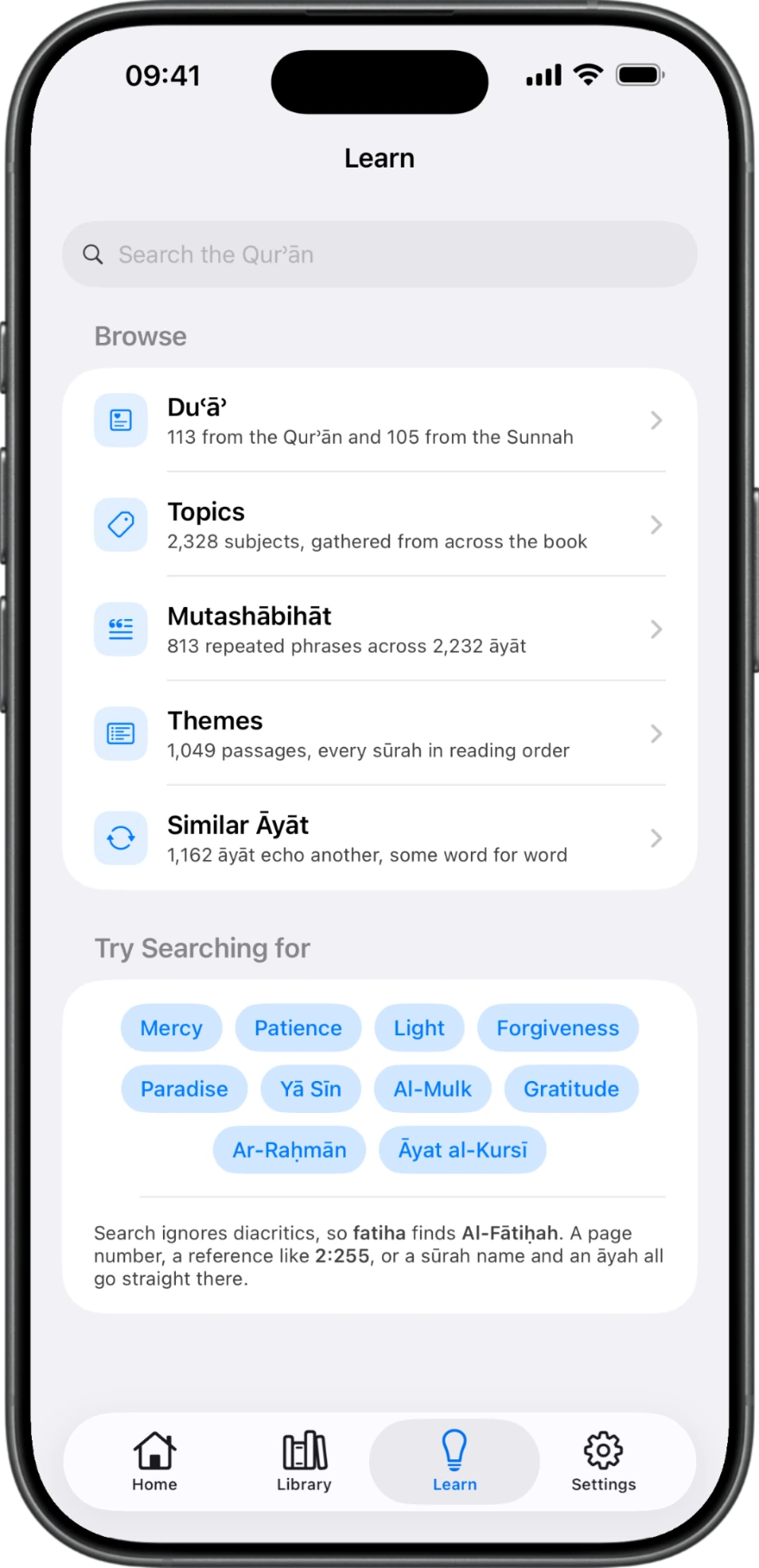 The Learn tab in The Holy Quran, showing Dua, Topics, Mutashabihat, Themes and Similar Ayat